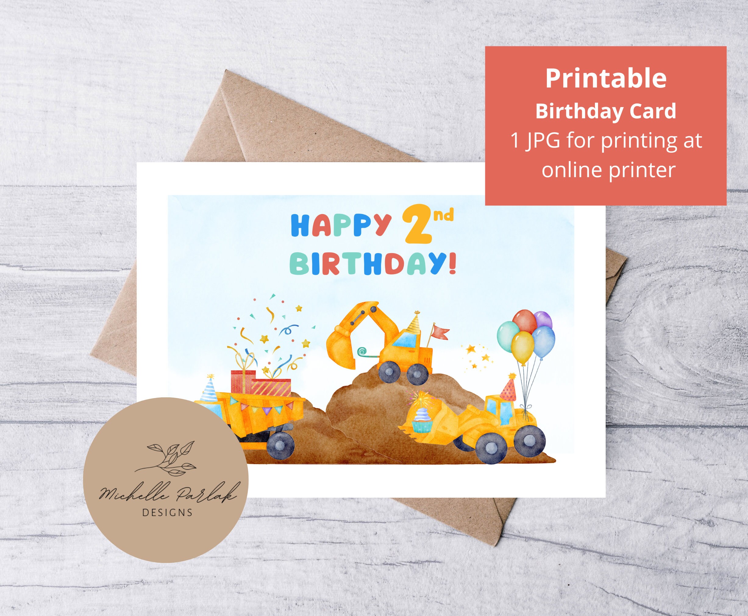 Printable Construction Truck Birthday Card for 2 Year Old Happy 2nd ...