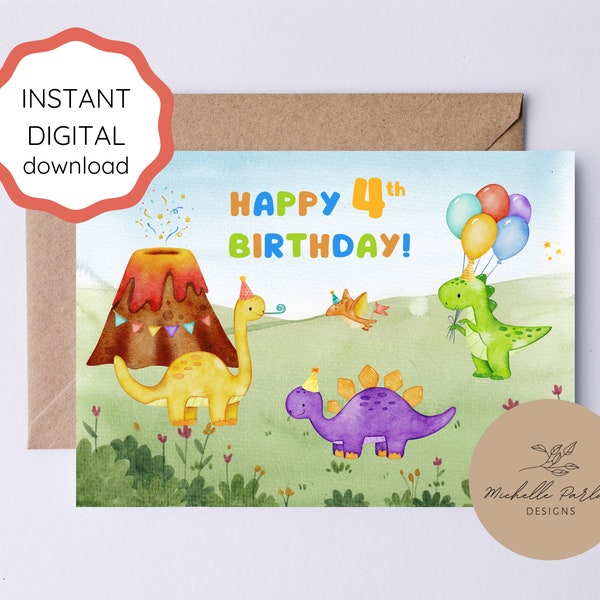 Happy 4th Birthday Printable Birthday Card Dinosaur Theme 4 Year Old Birthday Happy 4th Birthday Boy Toddler Birthday Dino Card Fourth B-Day