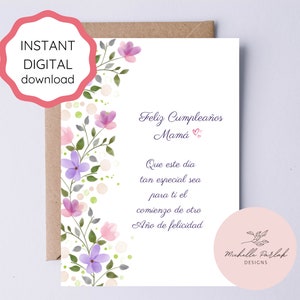 Feliz Cumpleaños Mamá, cartão de feliz aniversário feito à mão, cartão de aniversário floral em aquarela, cartão de aniversário espanhol para mamãe
