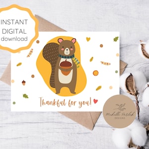 Cartão de feliz dia de ação de graças para impressão para amigo, agradecido por você, esquilo, cartão fofo para criança, cartão digital de bênçãos de ação de graças para impressão