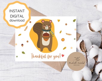 Happy Thanksgiving  Printable Card for Friend Thankful for You Squirrel Card Cute Card for Kid Printable Thanksgiving Blessings Card Digital