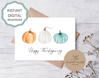 Printable Thanksgiving Greeting Card Watercolor Pumpkin Thank You Card Download Thank You Card Happy Thanksgiving Note Minimal Modern Card