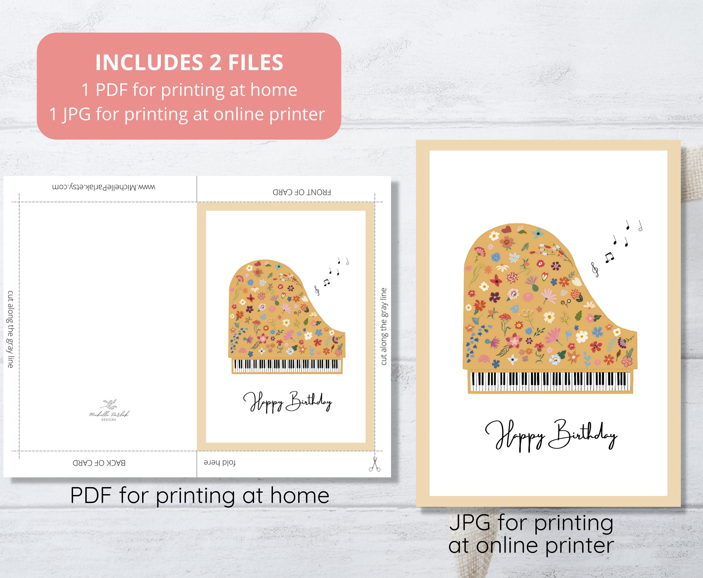 Piano Birthday Card Floral Instant Digital Download Card for Pianist ...