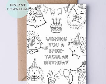 Printable Hedgehog Birthday Card for Kids Coloring Card  Cute Animal Card for Birthday Pun Hedgehog Lover Children Bday Black and White