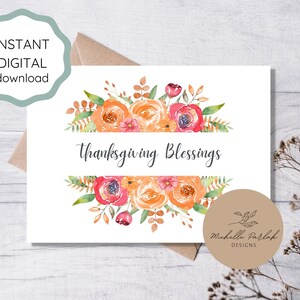Printable Thanksgiving Blessing Mix Card, Floral Aquarelle Fall Autumn Greeting Card, Instant Digital Download 7x5, Card for Thanksgiving