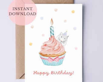 Printable Hamster Lover Happy Birthday Card for Girl Birthday Girl Card for Daughter Animal Lover Cute Pet with Cupcake Girly Pink B-Day