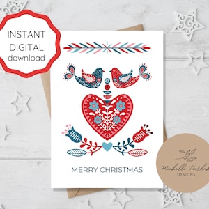 Biglietto di Natale scandinavo stampabile Download istantaneo Arte popolare Modello stampabile di biglietto natalizio Hygge scandinavo Natale moderno