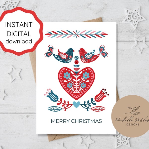 Scandinavian Christmas Card Printable Instant Download Folk Art Scandinavian Hygge Holiday Card Xmas Printable Template Modern Christmas