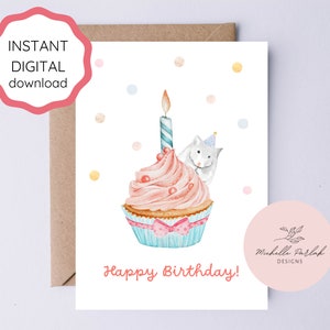 Tarjeta de cumpleaños de hámster imprimible Descargar tarjeta de cumpleaños Tarjeta de hámster y cupcake para hija cumpleañera Hamster amante tarjeta animal mascota