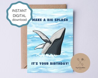 Printable Blue Whale Birthday Card for Kid B-Day Whale Lover Ocean Birthday Whale Theme Card Printable Nautical Birthday Card Sea Animal