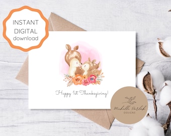 Happy First Thanksgiving Card for Baby Girl Instant Download Printable Thanksgiving Card for Daughter Watercolor Pink Thanksgiving Happy 1st