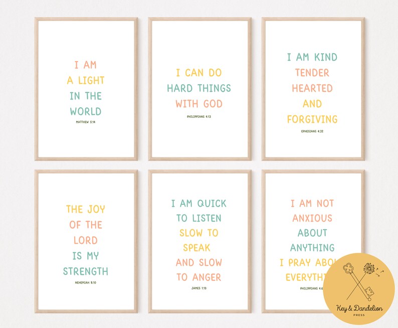 May include: Six printable wall art prints with inspirational quotes and bible verses in a light pink, yellow, and blue color scheme. The prints feature the following text: "I am a light in the world", "I can do hard things with God", "I am kind, tender hearted and forgiving", "The joy of the Lord is my strength", "I am quick to listen, slow to speak and slow to anger", and "I am not anxious about anything, I pray about everything".