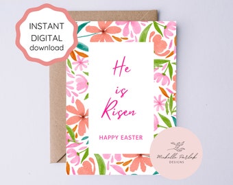 Christian Easter Greeting Card He Is Risen Bible Verse Card Easter Religious Floral Happy Easter Card Instant Digital Download Jesus Easter