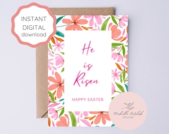 Christian Easter Greeting Card He Is Risen Bible Verse Card Easter Religious Floral Happy Easter Card Instant Digital Download Jesus Easter