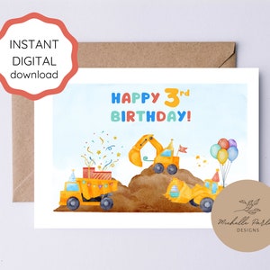 Cartão de aniversário para caminhão de construção imprimível para 3 anos de idade, feliz 3º aniversário, veículo, carro, tema, automóvel, criança, cartão de aniversário