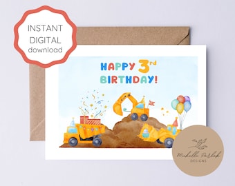 Cartão de aniversário para caminhão de construção imprimível para 3 anos de idade, feliz 3º aniversário, veículo, carro, tema, automóvel, criança, cartão de aniversário