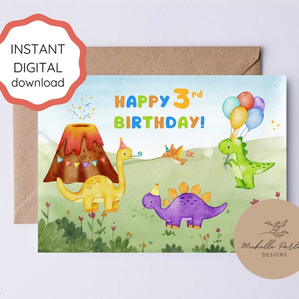 Dinosaur Birthday Card for 3 Year Old Boy Happy 3rd Birthday Card Boy Printable Birthday Wishes for Dinosaur Fan Kids Birthday Card Toddler