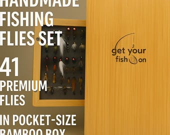 Set de moscas de pesca hechas a mano – 41 moscas premium en caja de bambú de bolsillo – Señuelos para pesca de trucha, lubina y agua salada