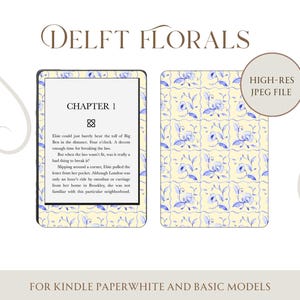 May include: A Kindle Paperwhite and Basic Models case with a Delft Florals design. The case features a floral pattern in blue and white on a yellow background. The image also shows the Kindle with text from Chapter 1.