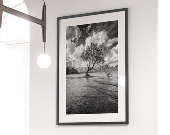 Printable Wall Art - That Wanaka Tree, Large Wall Art Print, Digital Download of Black and White Landscape Photography of Wanaka Lake & Tree