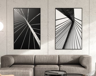 Downloadable Wall Art x 2, Black and White Architecture Photography Prints, Abstract Minimal Images of Zubizuri Bridge