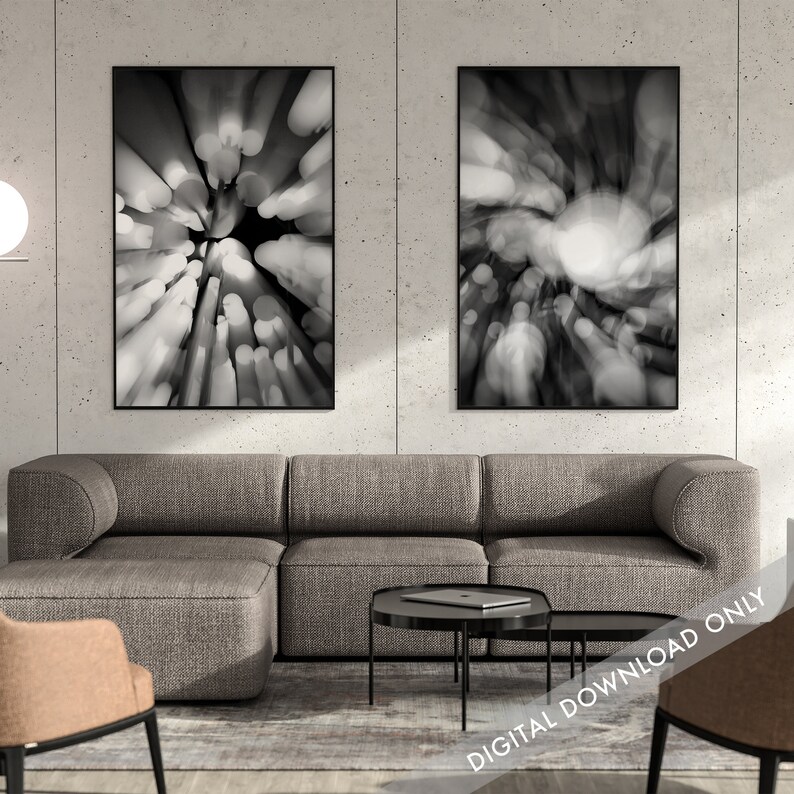 May include: Two black and white abstract art prints with a blurred, swirling design. The prints are framed in black and hung on a gray wall above a gray couch.