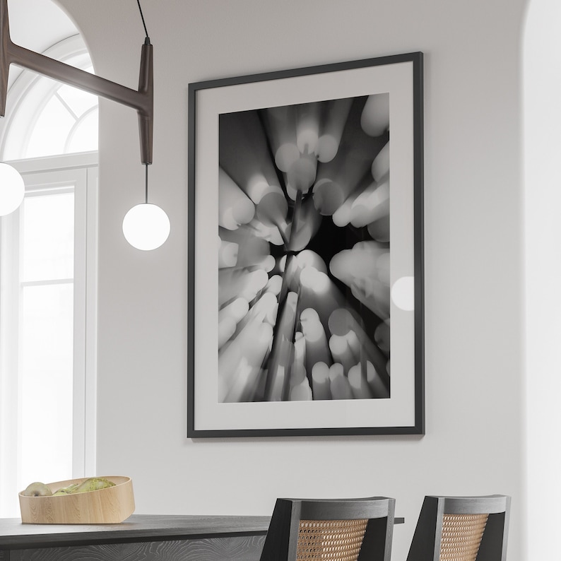 May include: Black and white photograph of a cluster of cylindrical shapes, creating a radial pattern. The image is framed in a black frame.