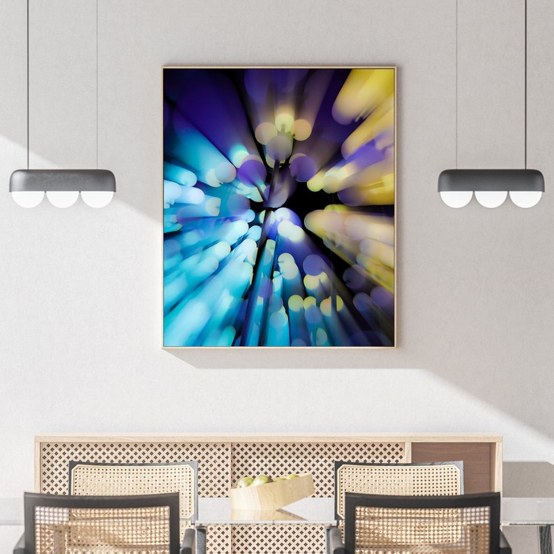 May include: Abstract art print featuring a swirling pattern of blue, purple, and yellow colours. The colours are blurred and create a sense of movement.
