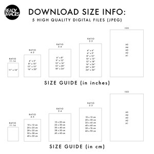 May include: A chart showing different aspect ratios and sizes for digital files. The chart includes sizes in inches and centimeters. The chart is titled "Download Size Info: 5 High Quality Digital Files (JPEG)"