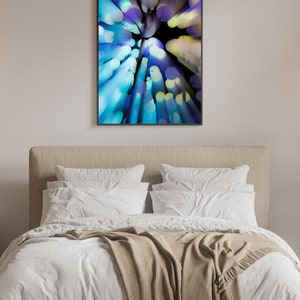 May include: Abstract art print with a blue, yellow and purple colour scheme. The print features a swirling pattern of circles and lines.