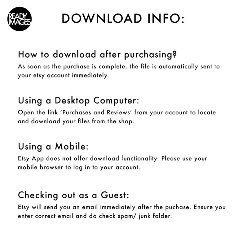 May include: Download information for Etsy purchases. Instructions for downloading digital files after purchase on a desktop computer, mobile device, or as a guest.