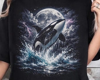 Camiseta vintage Orca Midnight de los 90 con estampado, camiseta con estampado de vida marina, camiseta retro de orca, camiseta Moonlight Ocean Lightning