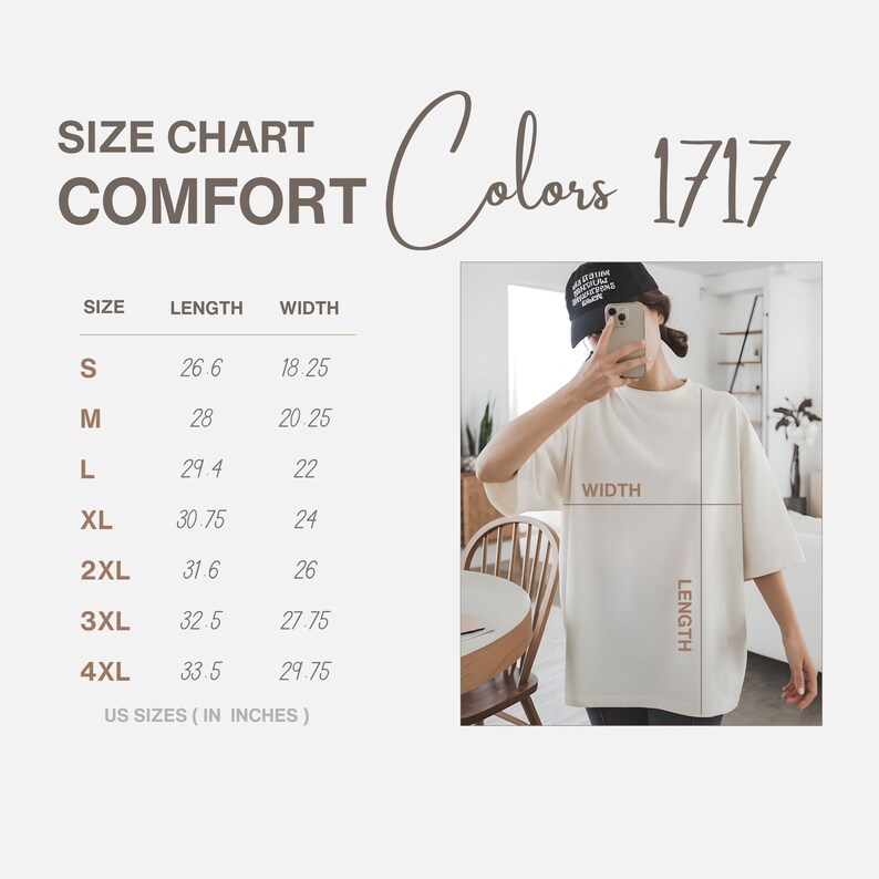May include: Cream-colored Comfort t-shirt with short sleeves. The image includes a size chart with measurements in inches for sizes S to 4XL. The text "Colors 1717" is also visible.