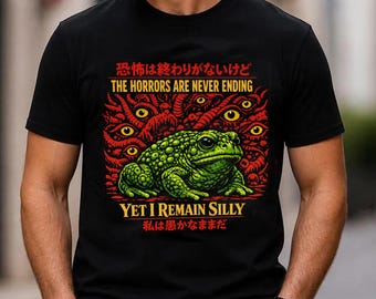 Camiseta "Los horrores nunca terminan", camiseta con estampado de rana japonesa, atuendo divertido con meme de animales, ropa con arte de terror cósmico.