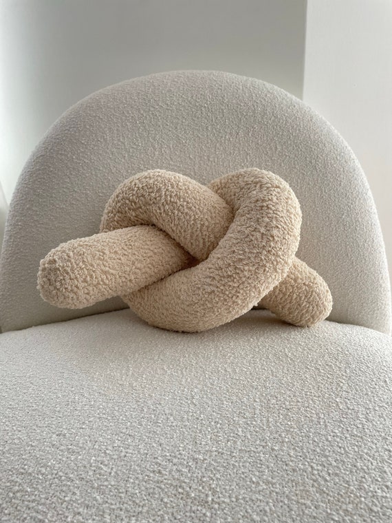 Soft Beige Boucle Knot Pillow, Love, Teddy Cushion, Decorative, Best Seller, chunky, luxury, Valentine's gift, Chain pillow