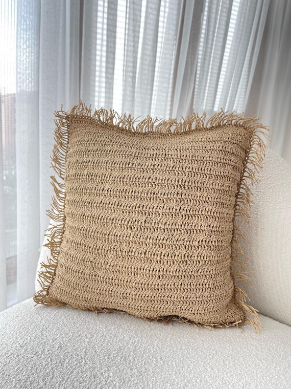 Raffia Pillow | Handwoven Natural Texture Cushion | Boho Beach Home Decor | Summer Throw Pillow