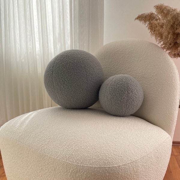 Boucle Grey Ball Decorative Pillow, Teddy Ball Cushion,Best Seller Home Decor,Round Throw Ball Pillow,teddy ball pillow, gray,fluffy pillow