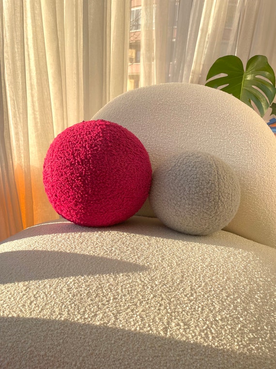 Magenta Boucle Pillow, Ball Decorative Pillow, Modern Minimalist, Teddy Ball Cushion,Best seller  Home Decor, pink pillow