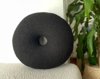 Black Boucle Round Donut Decorative Pillow, Teddy Ball Cushion,Best seller Home Decor,modern minimalism, fluffy, scandinavian