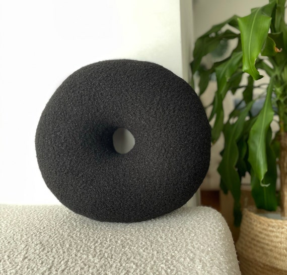 Black Boucle Round Donut Decorative Pillow, Teddy Ball Cushion,Best seller Home Decor,modern minimalism, fluffy, scandinavian