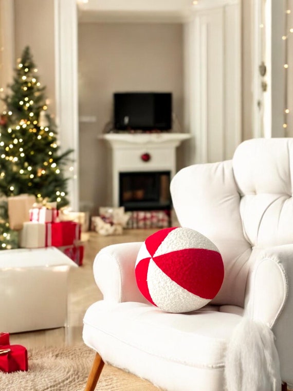 Xmas Red and White Ball-Shaped Pillow – Festive Holiday Decor, Cozy Wabi-Sabi Style Cushion