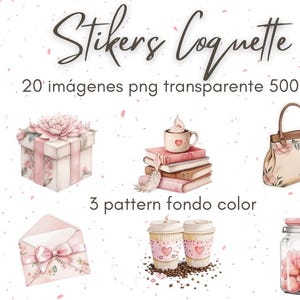 Puede incluir: Ilustraciones en acuarela de varios elementos, incluyendo una caja de regalo, libros, un bolso, un sobre, tazas de café y un tarro. El texto "Stikers Coquette" está en la parte superior. Las ilustraciones son en tonos rosa y blanco.
