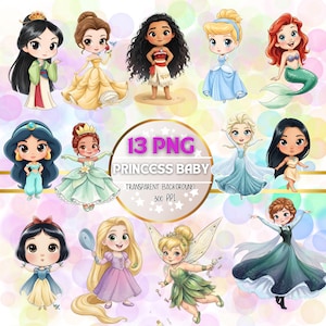 Puede incluir: Un conjunto de 13 imágenes PNG con ilustraciones de dibujos animados de princesas. Cada princesa está vestida con su atuendo característico, sobre un fondo transparente. El texto "PRINCESS BABY" se muestra en el centro.