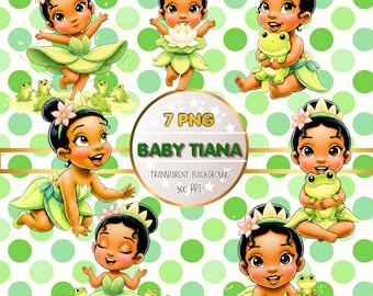 Baby Tiana Clipart PNG, Princess Tiana, Green Dress Crown Cute Girl, Printable Princess, Hand Drawn, Fairy Tale Nursery Party, Tiana Clipart
