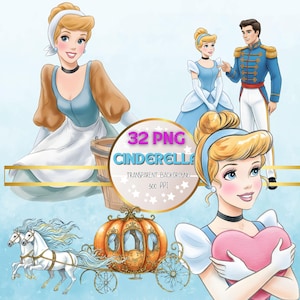May include: Digital illustrations featuring Cinderella in various scenes. Cinderella is depicted in a blue dress, holding a pink heart, and with a horse-drawn carriage. The image includes text that reads "32 PNG Cinderella".
