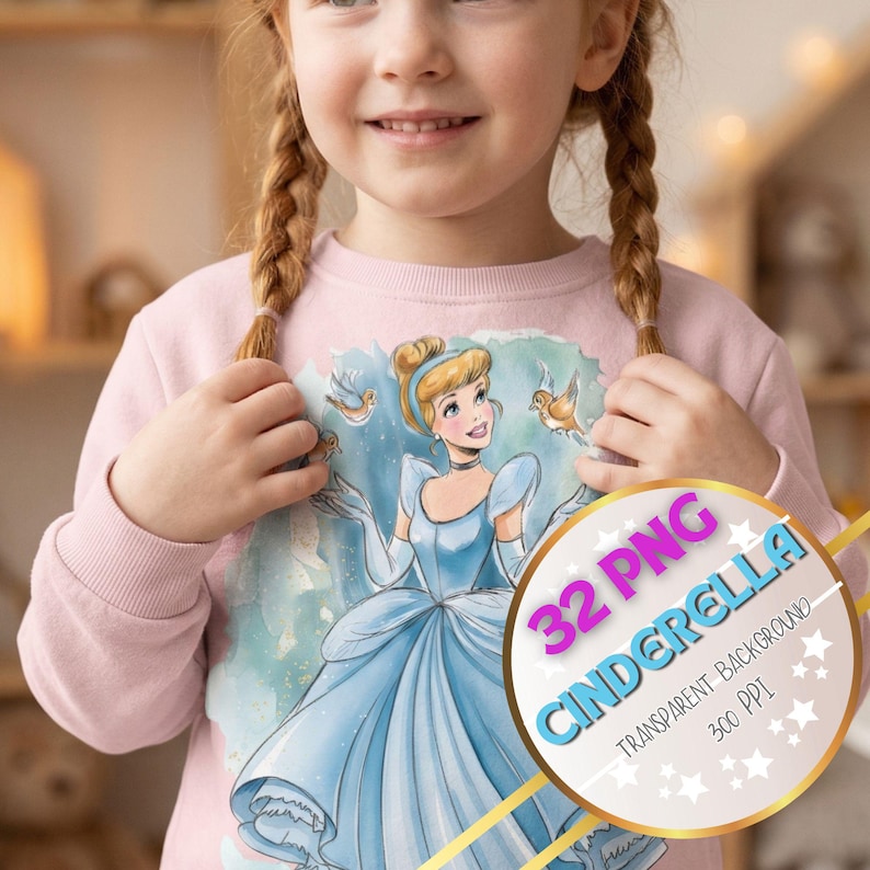 May include: A light pink sweatshirt featuring a Cinderella graphic in shades of blue, white, and gold. The graphic includes the text "32 PNG CINDERELLA TRANSPARENT BACKGROUND 300 PPI". The sweatshirt has long sleeves and a crew neck.