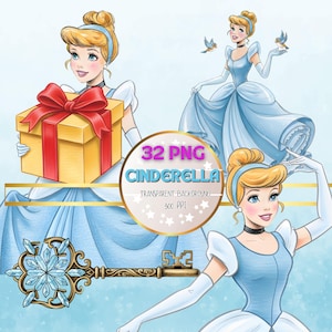 May include: Digital illustration of Cinderella in a light blue gown, with a gift box and a decorative key. The image includes the text "32 PNG Cinderella Transparent Background 300 PPI".