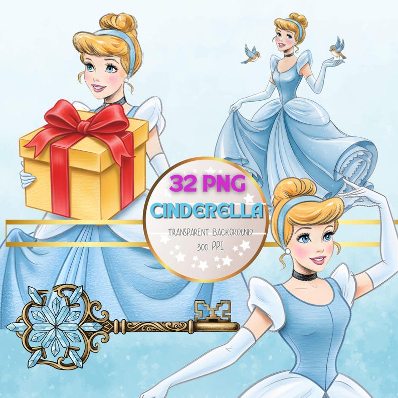 May include: Digital illustration of Cinderella in a light blue gown, with a gift box and a decorative key. The image includes the text "32 PNG Cinderella Transparent Background 300 PPI".
