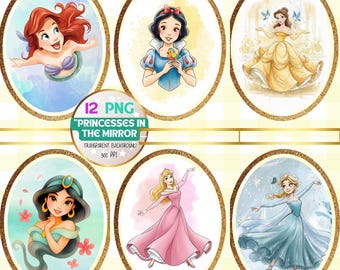 Princesses in Enchanted Mirrors 12 PNG Clipart, Watercolor Style Illustrations, Digital Art for Sublimation, Invitations & Stickers