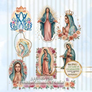 Puede incluir: Una colección digital de ilustraciones en acuarela que muestran a la Virgen María en varias poses, adornada con coronas, guirnaldas de flores y halos. El conjunto incluye un monograma, cuentas de rosario y una insignia con el texto 64 PNG our Lady of GUADALUPE.